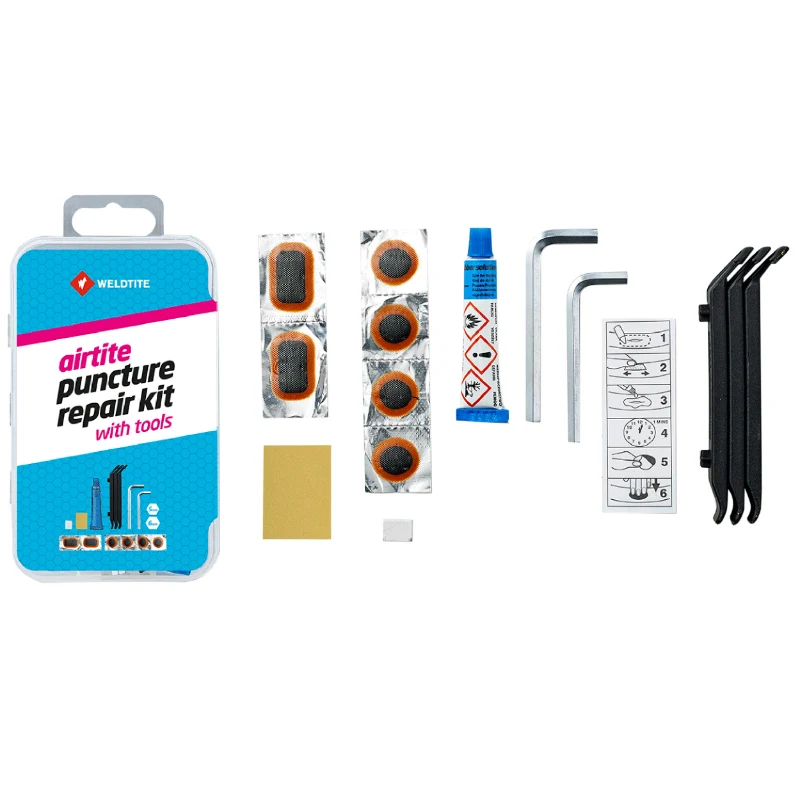 Kit Réparation Chambre A Air Weldtite VTT Avec Outils - Boite (4 Patchs 18 mm + 2 Patchs 28X18 mm + Colle 5G + Papier Ponce + Craie + 3 Demontes Pneus + 2 Clés Allen 5 Et 6 mm) Avec Notice