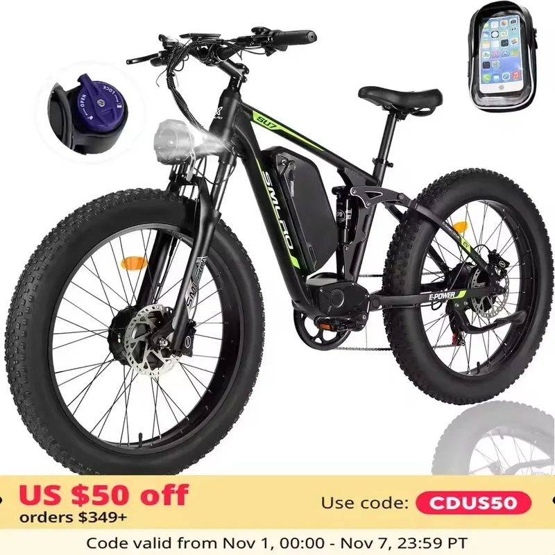 Hots Sales Su7 2000W Dual Motor Electric Bicycle, 7 Speed 35MPH MTB, 48V 22.4AH 26 ''Fat Tire Ebike with Full Suspension