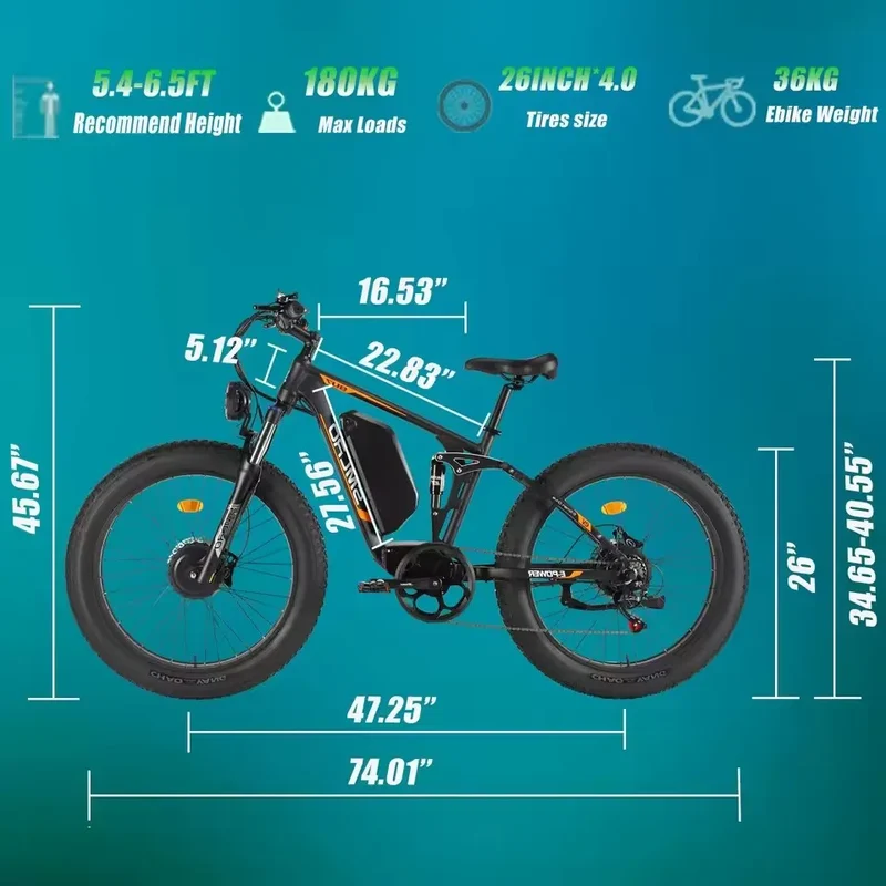Hots Sales Su7 2000W Dual Motor Electric Bicycle, 7 Speed 35MPH MTB, 48V 22.4AH 26 ''Fat Tire Ebike with Full Suspension