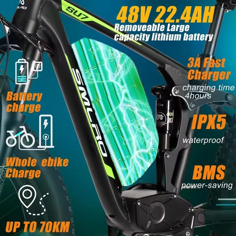 Hots Sales Su7 2000W Dual Motor Electric Bicycle, 7 Speed 35MPH MTB, 48V 22.4AH 26 ''Fat Tire Ebike with Full Suspension