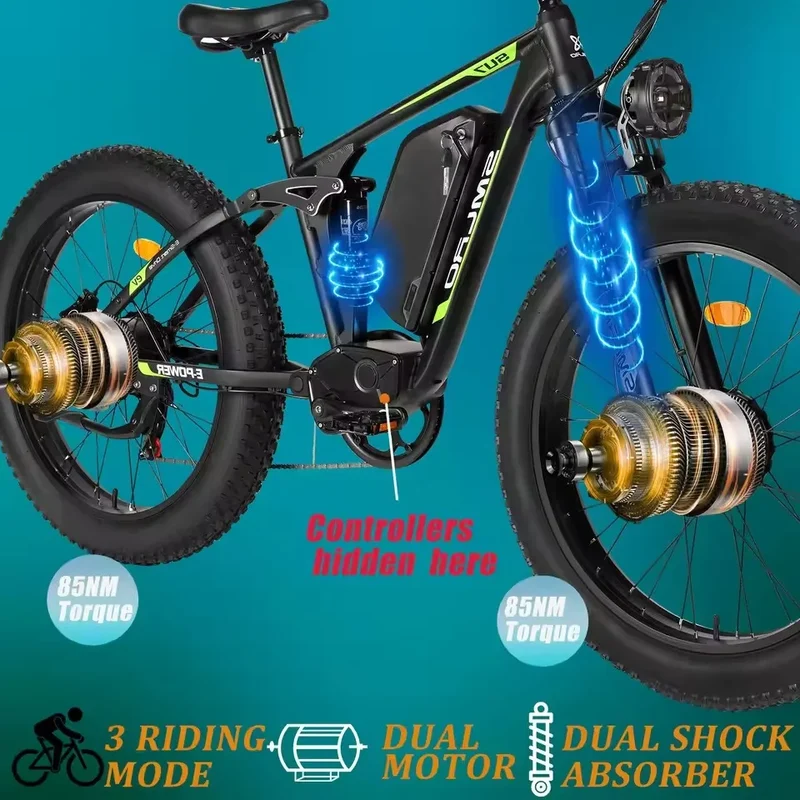 Hots Sales Su7 2000W Dual Motor Electric Bicycle, 7 Speed 35MPH MTB, 48V 22.4AH 26 ''Fat Tire Ebike with Full Suspension