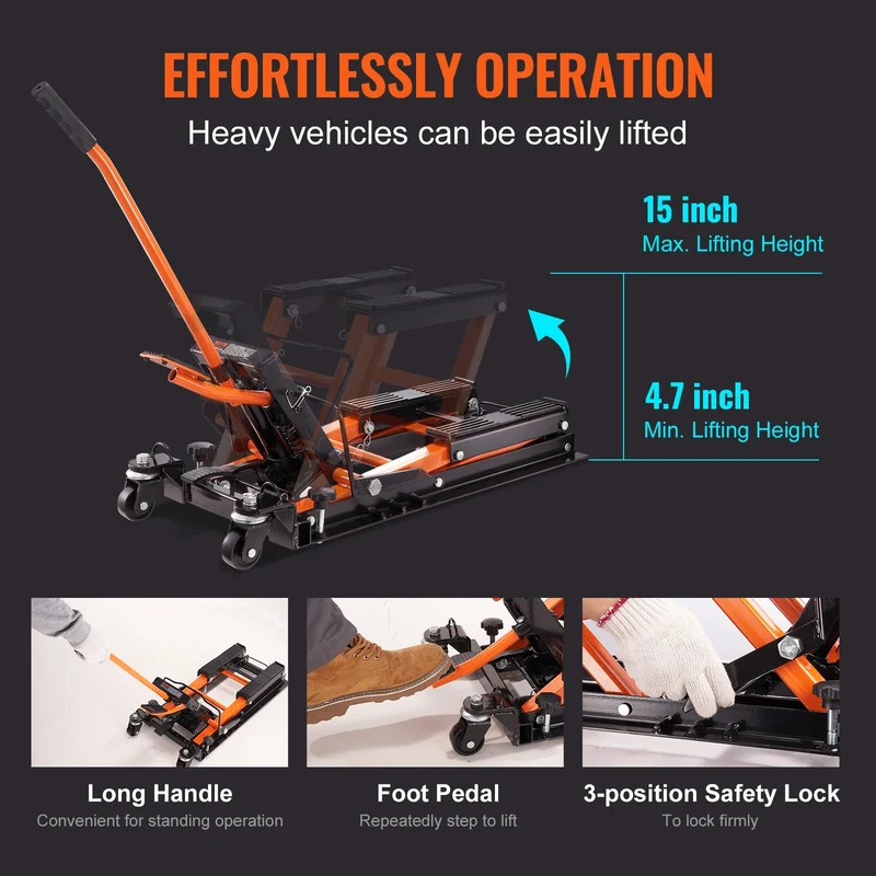 VEVOR Steel Hydraulic Motorcycle Jack Stand 1500 LBS ATV Scissor Lift Jack, 4.7"-15" Scissor Lift Jack Stand for Motorcycle ATV