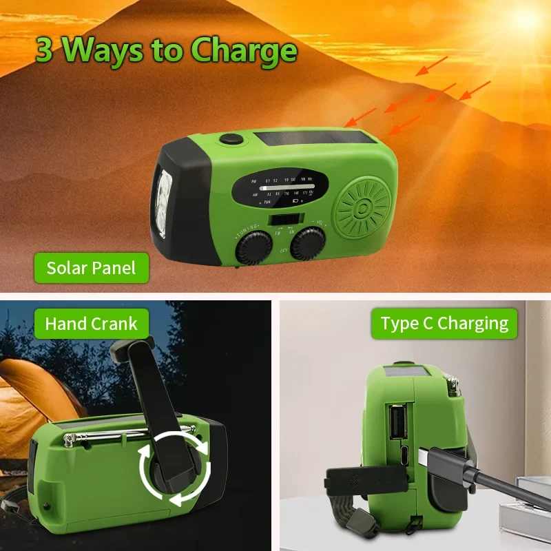 2000mAh Emergency Radio Multifunctional Solar Hand Crank portable Radio FM AM WB NOAA Weather Radio USB Charging 3 LED Flashligh