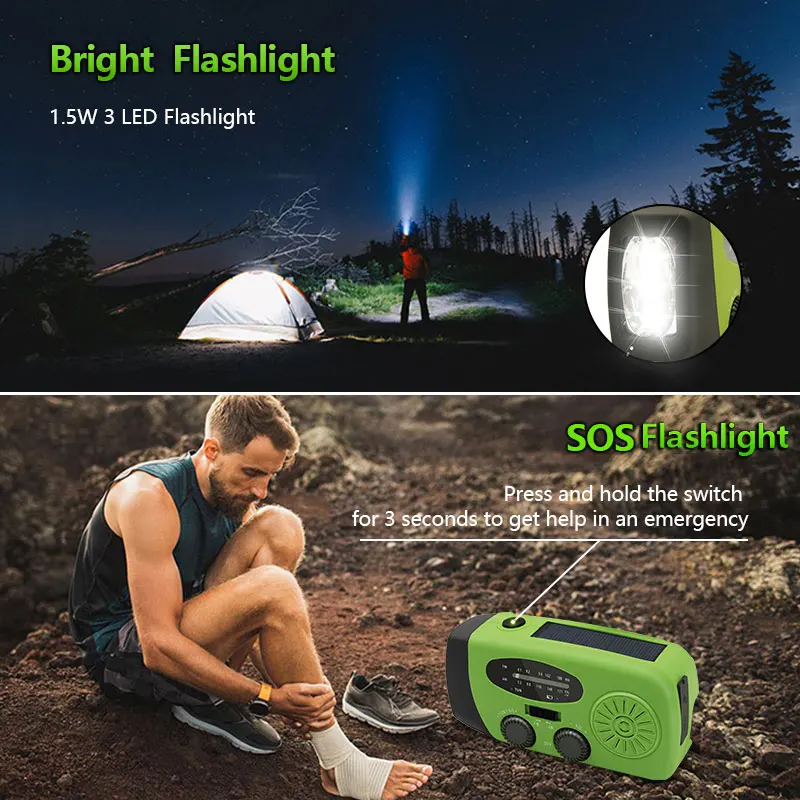 2000mAh Emergency Radio Multifunctional Solar Hand Crank portable Radio FM AM WB NOAA Weather Radio USB Charging 3 LED Flashligh