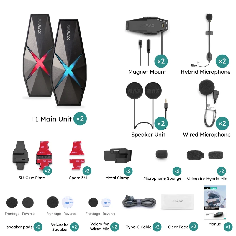 ASMAX F1 Motorcycle Intercom Helmet Bluetooth Headset 10 Riders 1800m Communicator Waterproof BT5.3 Interphone Ai Voice Control