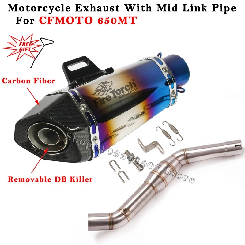 Slip On For CFMOTO 650MT 650 MT Motorcycle Exhaust System Escape Modified Carbon Fiber Muffler With Middle Link Pipe DB Killer