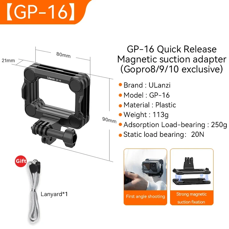 Ulanzi GP-16 Quick Release Adapter Magnetic Base Mout GoPro Accessories for GoPro Hero 12/11/10/9/8/7/6/5/4 Max DJI Osmo Action
