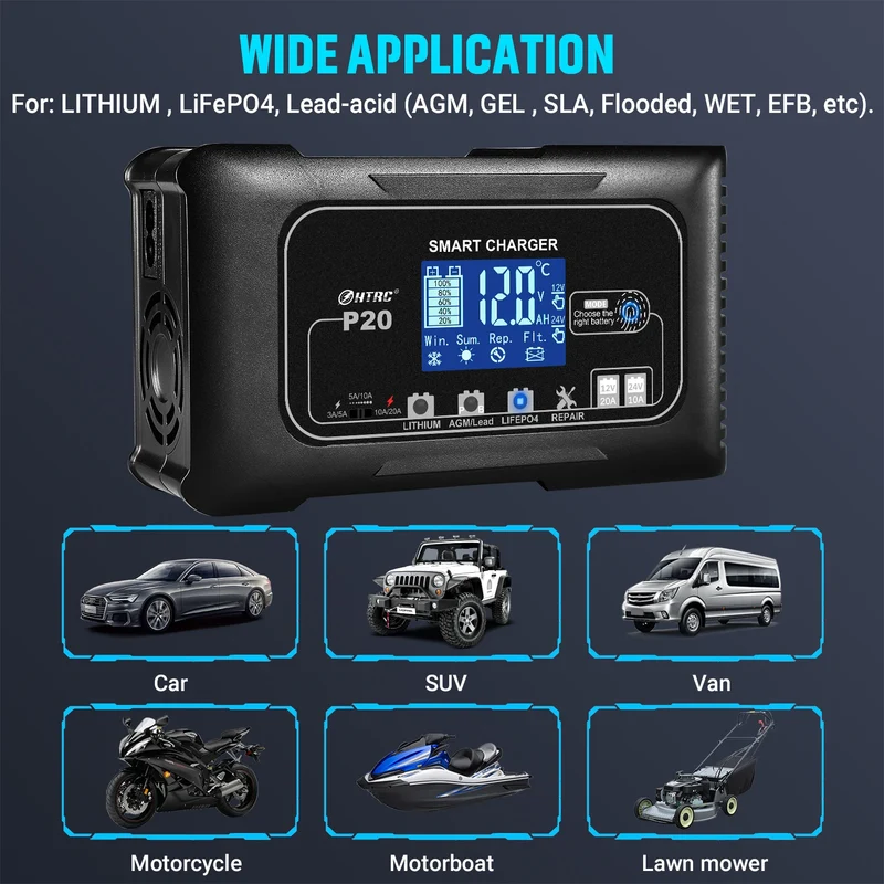 HTRC 12V/24V Car Battery Charger 35A/25A/20A Automatic Charger For Lithium LiFePO4 AGM GEL Lead-Acid Battery Charger for Car