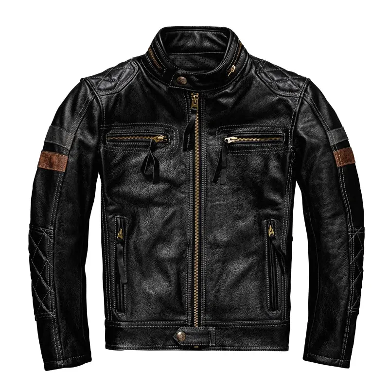 Free shipping. Brand new Pro motor biker real leather jacket.black men rider cowhide coat.quality leather cloth cuero natural