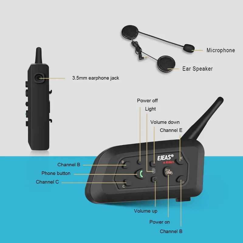 EJEAS V6 PRO Bluetooth Motorcycle Helmet Intercom Headset with 1200M BT Interphone Communicator for 6 Riders Waterproof