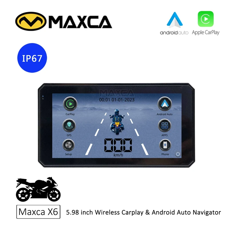 Maxca X6 Wireless Apple CarPlay Android Auto Navigation Motorcycle IP67 Waterproof Light Sensor Multimedia Player