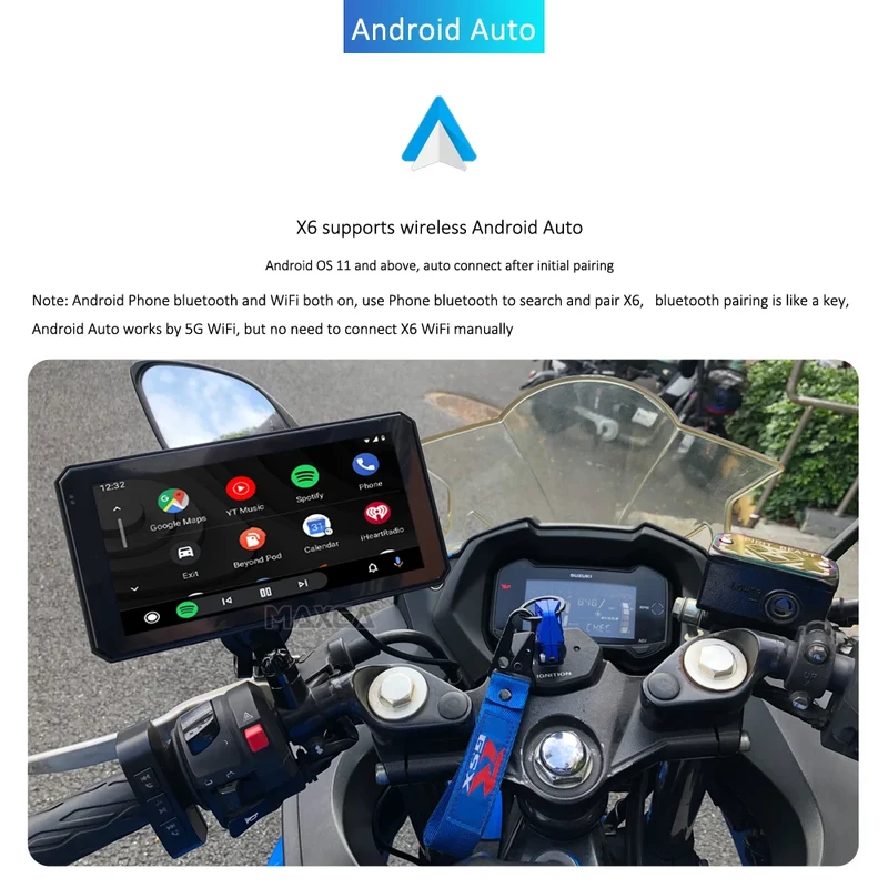 Maxca X6 Wireless Apple CarPlay Android Auto Navigation Motorcycle IP67 Waterproof Light Sensor Multimedia Player