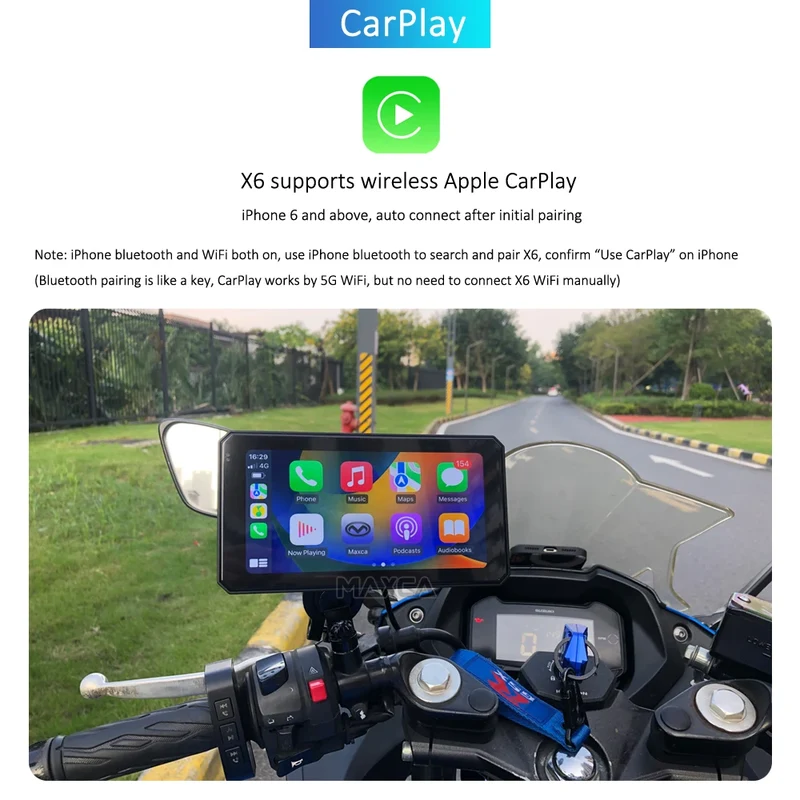 Maxca X6 Wireless Apple CarPlay Android Auto Navigation Motorcycle IP67 Waterproof Light Sensor Multimedia Player
