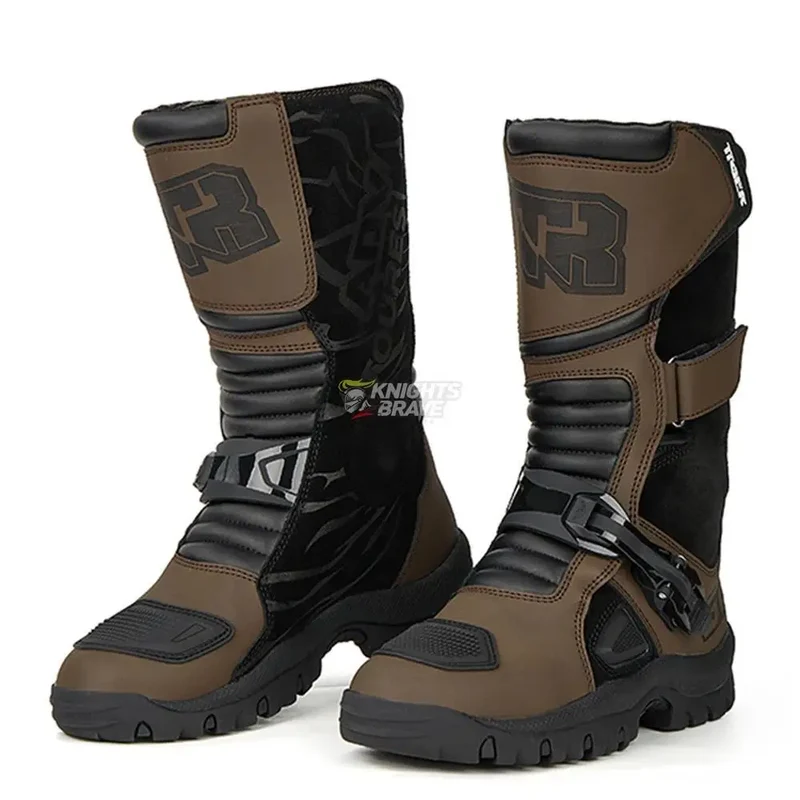 Retro Motorcycle Boots Cowhide Waterproof Mid-Calf Boots Black Botas Para Motociclista Hombre Motorbike Motocross Riding Boots