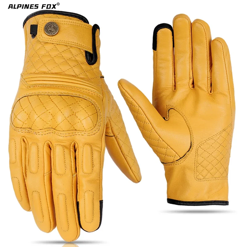 Vintage Motorcycle Gloves Touchscreen Retro Leather Motorbike Glove Men Women Cafe Racer Locomotive Knight Riding Guantes Yellow