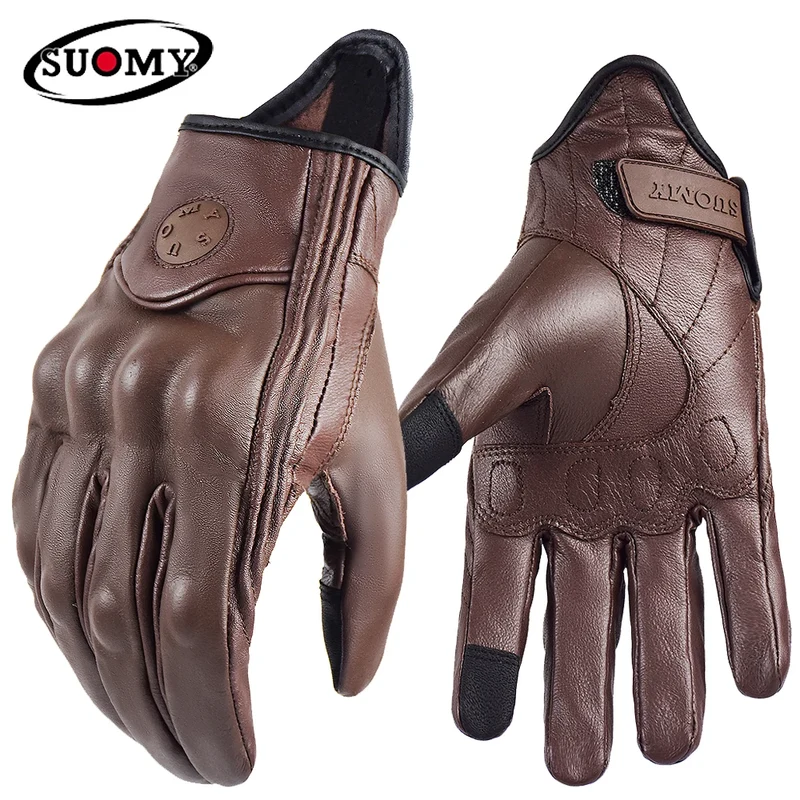 Vintage Motorcycle Gloves Touchscreen Retro Leather Motorbike Glove Men Women Cafe Racer Locomotive Knight Riding Guantes Yellow