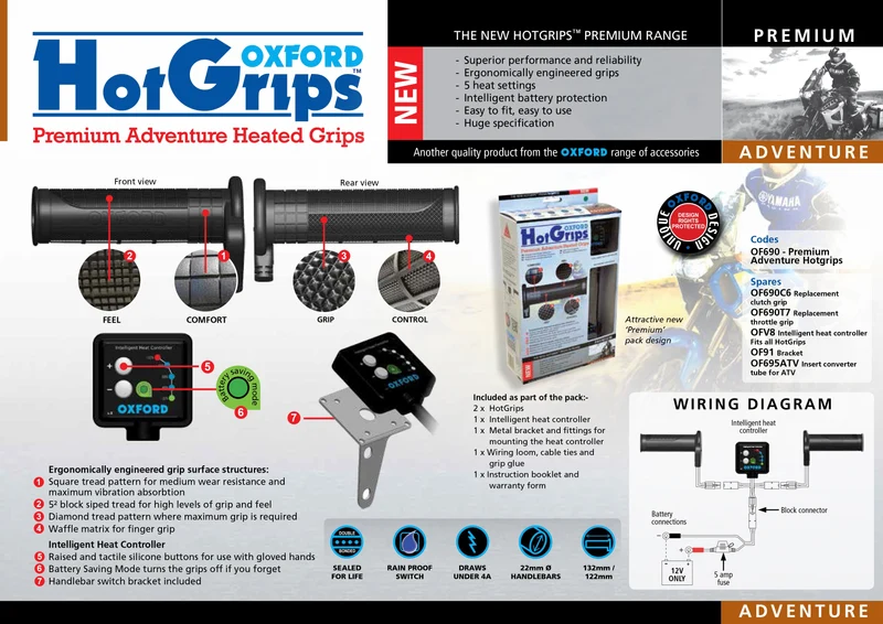 Oxford OF690 - Adventure V.8 motorcycle heated fist, ergonomic design, 5 temperature, saving mode, rain resistant