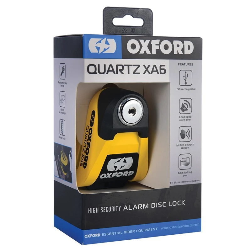 Oxford Quartz XA6 LK215-motorcycle disc lock lock with alarm (6mm bolt) yellow/black
