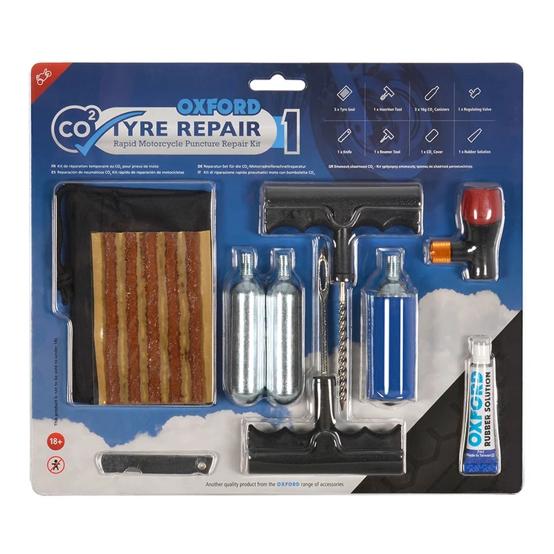 Oxford OX160 - CO2 Kit repairs flat wheel. Motorcycle tyre repair. Original CO2 cylinder Pack 3 pc with full kit.