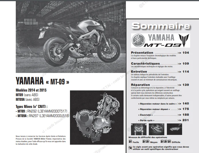Manuel de réparation Yamaha MT 09 2014
