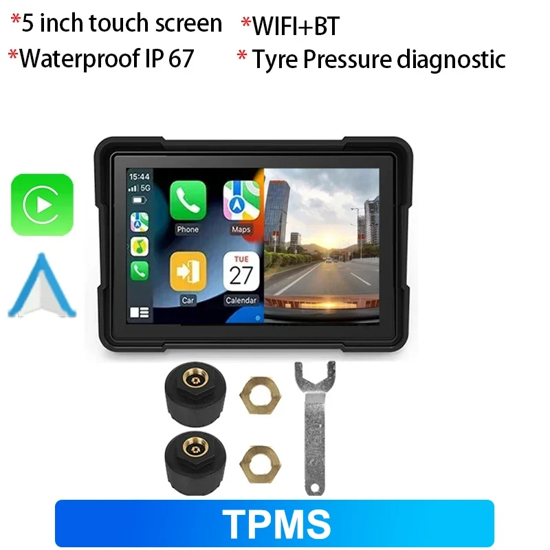 Nevegetor 5 inch Motorcycle Carplay Waterproof 1080P WiFi Wireless Android-Auto DVR Monitor Dash Cam GPS Navigation TPMS