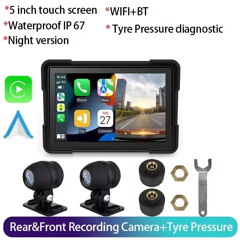 Nevegetor 5 inch Motorcycle Carplay Waterproof 1080P WiFi Wireless Android-Auto DVR Monitor Dash Cam GPS Navigation TPMS